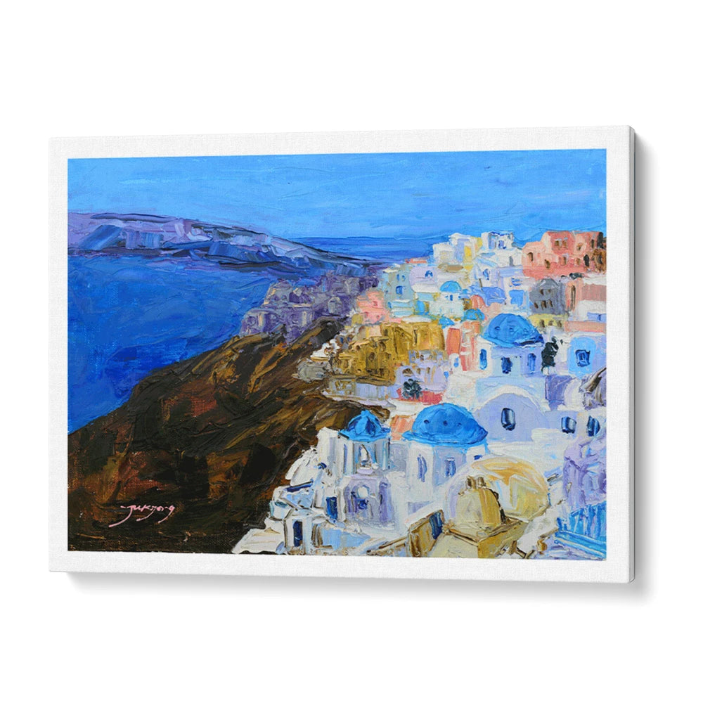 Santorini Blue Domes Landscape Painting For Living Room - XS / Matte Paper / Rolled Art - Nook At You