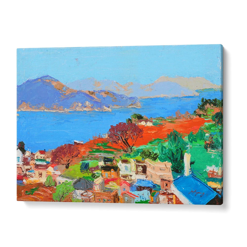 Vibrant Coastal Village Canvas Landscape Painting - XS / Matte Paper / Rolled Art - Nook At You