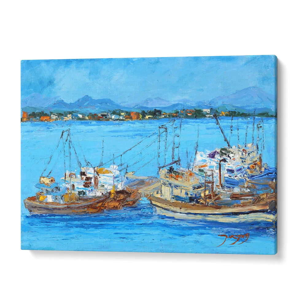 Blue Harbor Fishing Boats Coastal Landscape Wall Art - XS / Matte Paper / Rolled Art - Nook At You