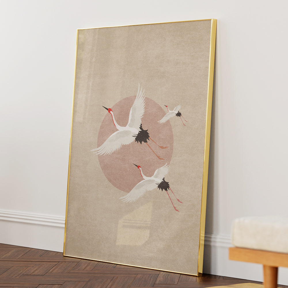 Cranes in Flight - Beige Abstract Wall Art - XS / Matte Paper / Rolled Art - Nook At You