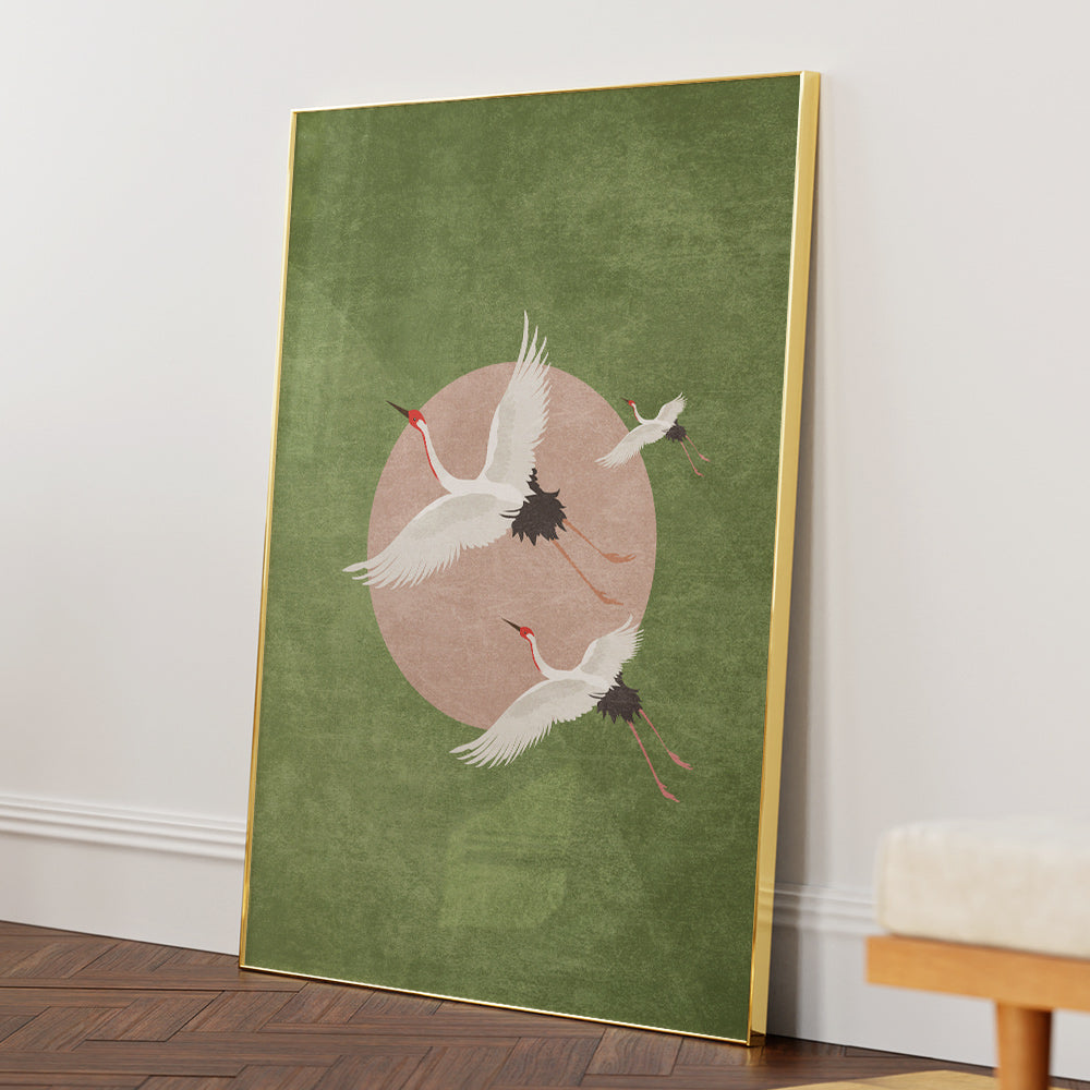 Cranes in Flight - Green Abstract Art - XS / Matte Paper / Rolled Art - Nook At You