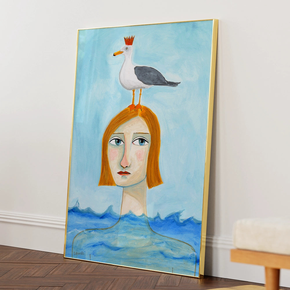 Lady in Ocean Women Illustration Wall Art Print - XS / Matte Paper / Rolled Art - Nook At You