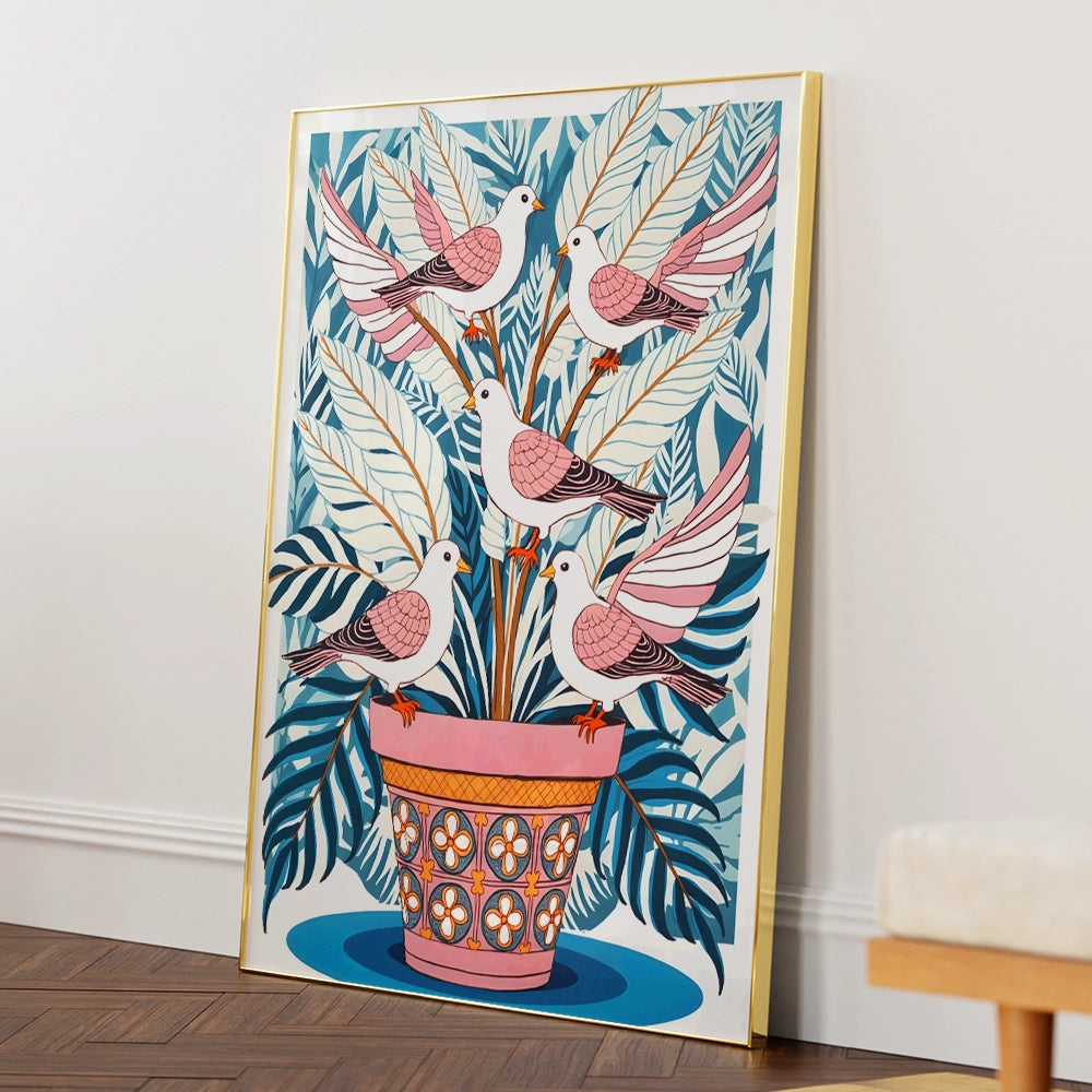 Five Doves in Bloom Botanical Wall Art - XS / Matte Paper / Rolled Art - Nook At You