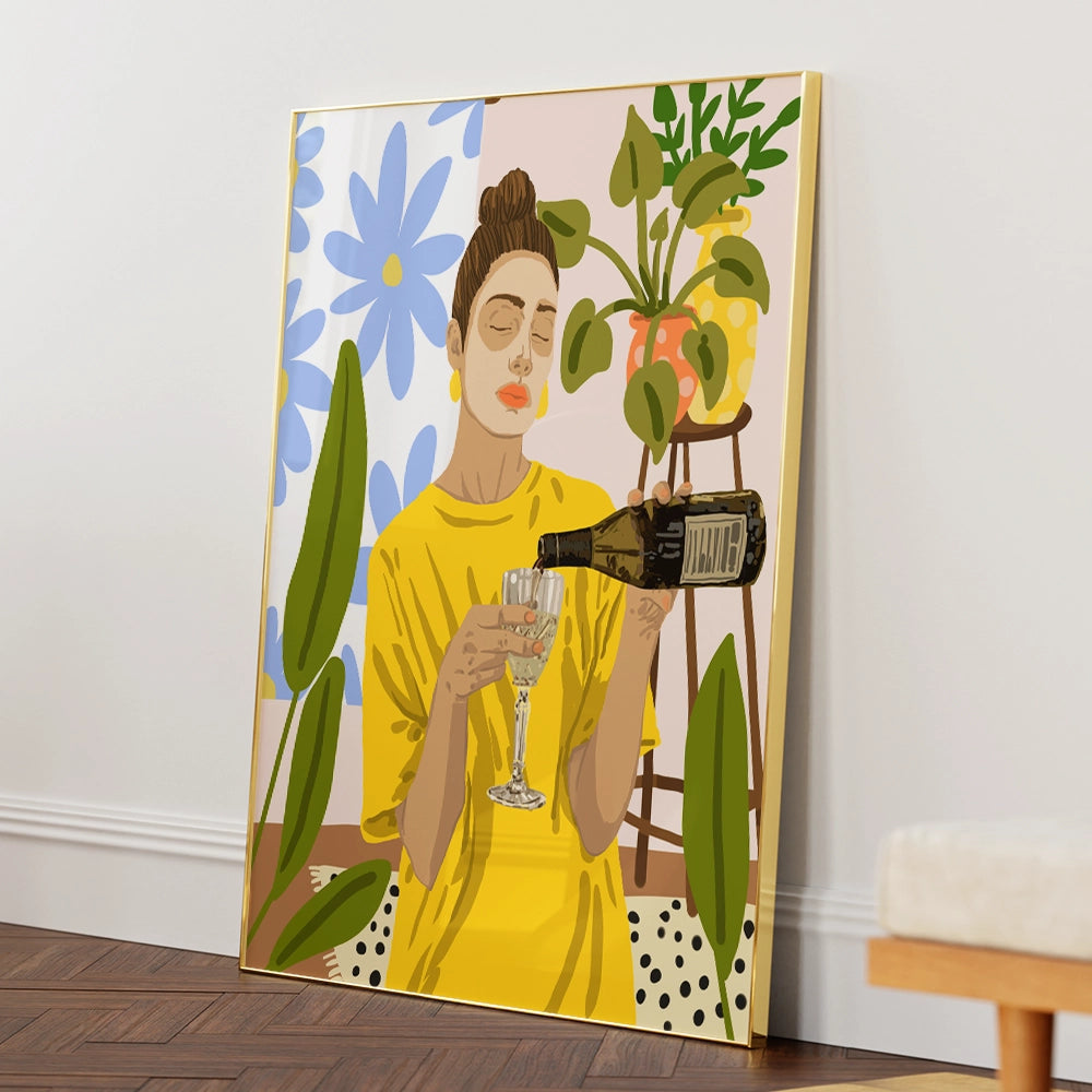Woman In A Yellow Shirt Pouring Wine Boho Botanical Wall Art - XS / Matte Paper / Rolled Art - Nook At You
