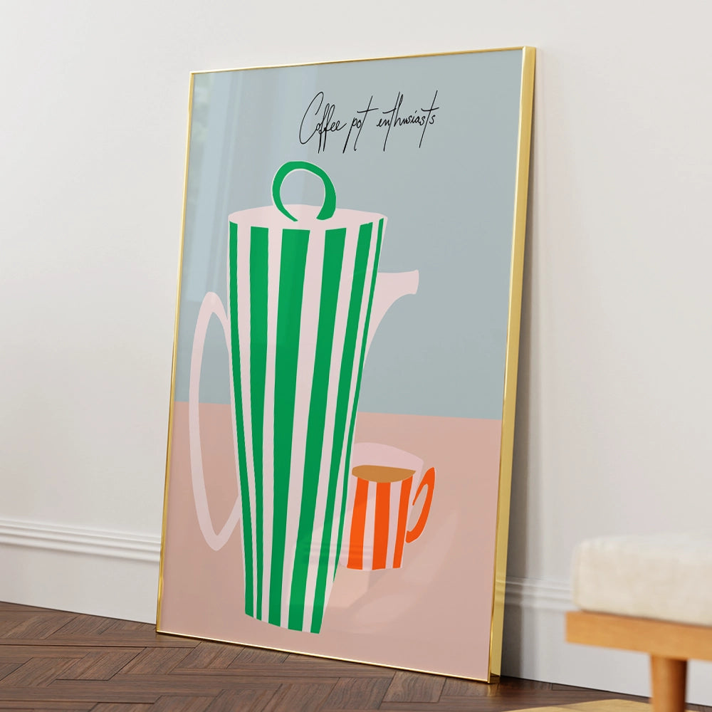 Striped Coffee Pot And Cup Canvas Wall Art For Dining Room - XS / Matte Paper / Rolled Art - Nook At You