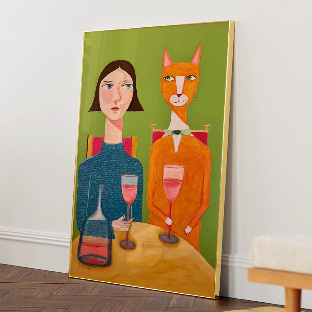 Lady and Cat Drinking Wine Women Illustration Painting - XS / Matte Paper / Rolled Art - Nook At You