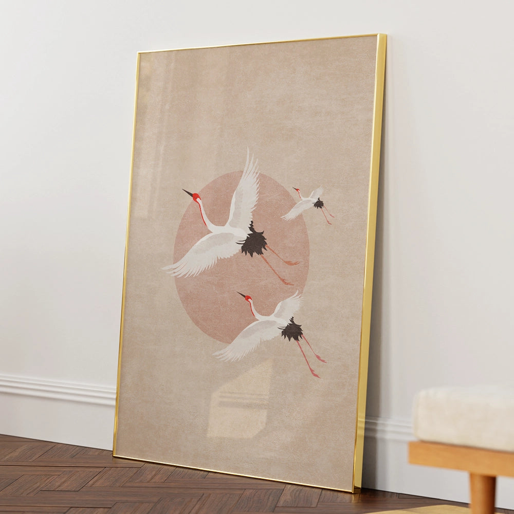 Cranes in Flight - Beige Abstract Wall Art - XS / Matte Paper / Rolled Art - Nook At You