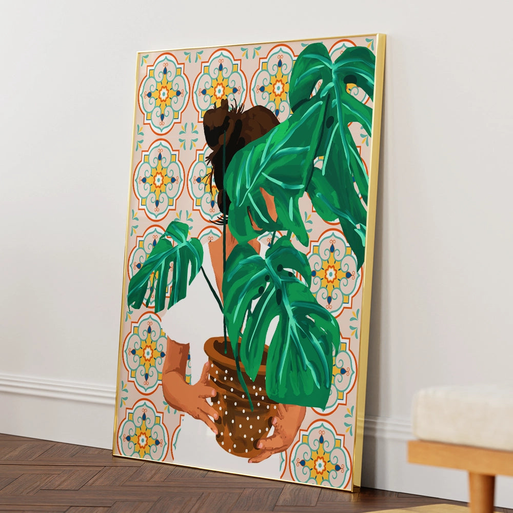 Monstera Plant Lady Boho Art Painting - XS / Matte Paper / Rolled Art - Nook At You