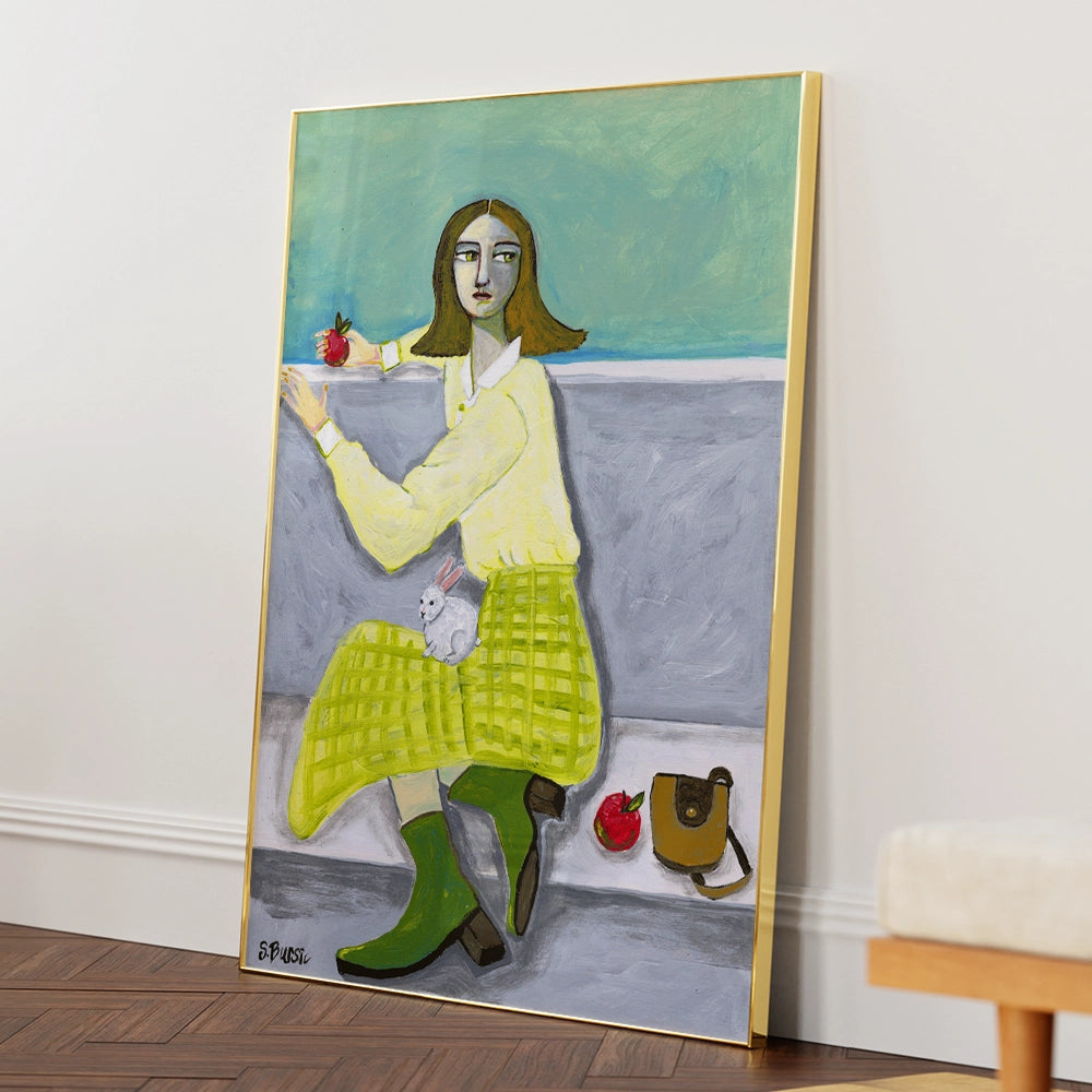 Lady and the Rabbit with apple Women Illustration Painting - XS / Matte Paper / Rolled Art - Nook At You