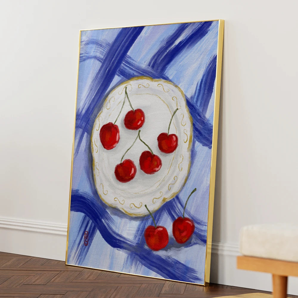 Red Cherries Blue Table Gourmet Wall Art Poster - XS / Matte Paper / Rolled Art - Nook At You