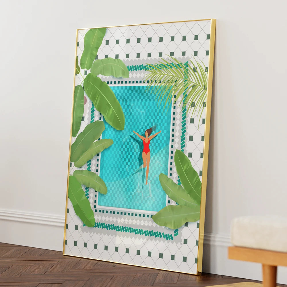 Riad Pool Women Illustration Wall Art Print - XS / Matte Paper / Rolled Art - Nook At You