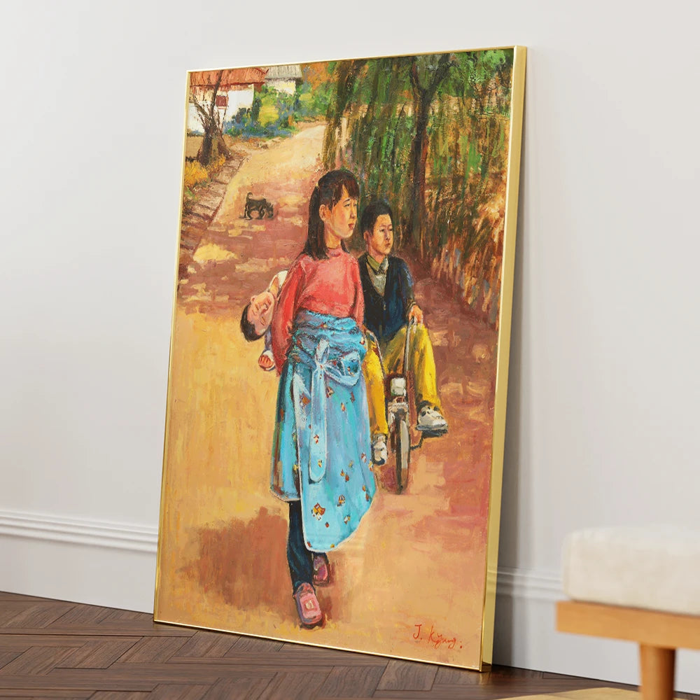 Children on a Village Path Canvas Painting for Living Room - XS / Matte Paper / Rolled Art - Nook At You