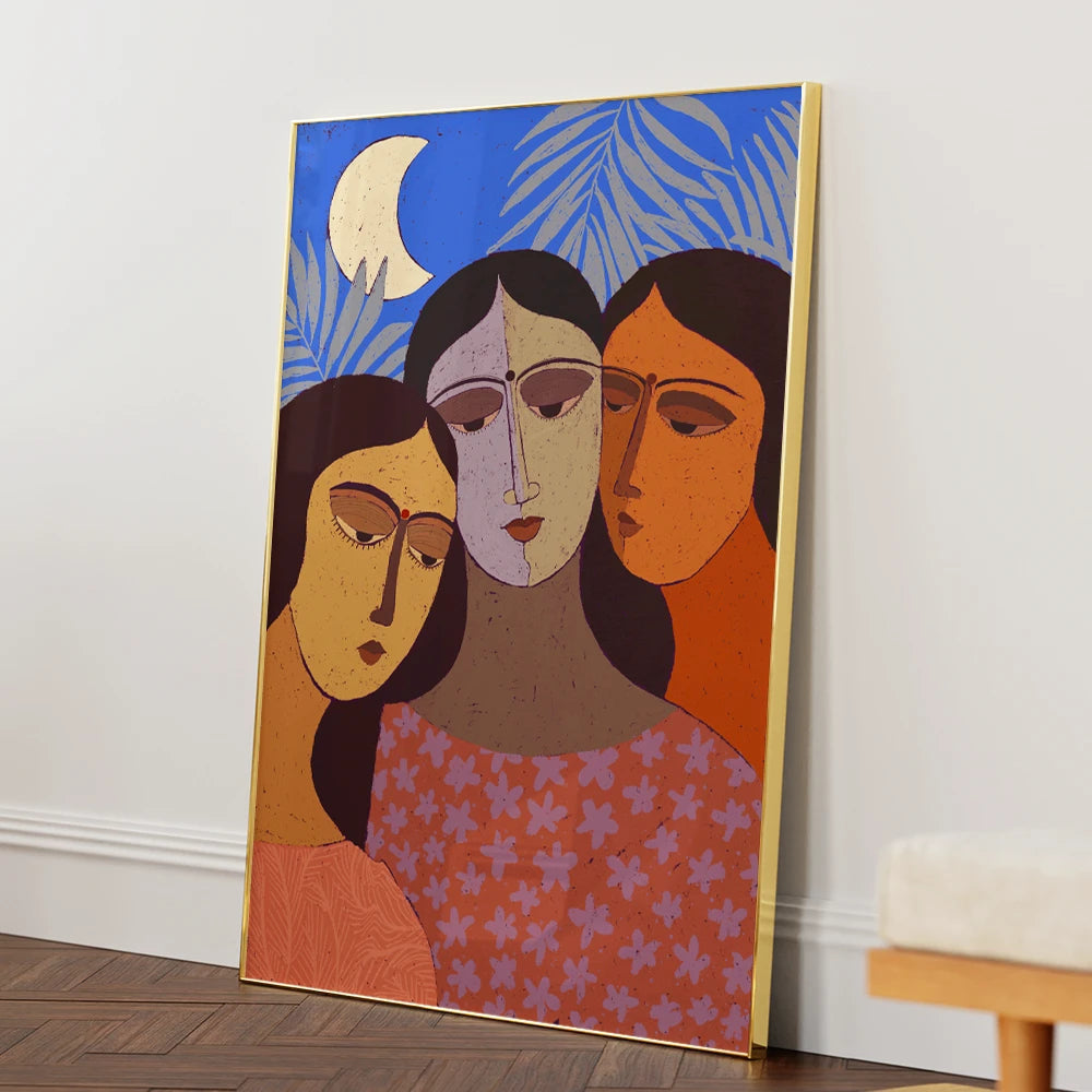 Three Women Under Moon Women Illustration Wall Art Painting - XS / Matte Paper / Rolled Art - Nook At You