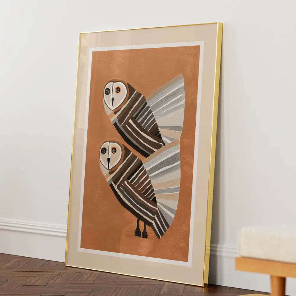 Stylized Barn Owls Abstract Wall Art For Living Room - XS / Matte Paper / Rolled Art - Nook At You
