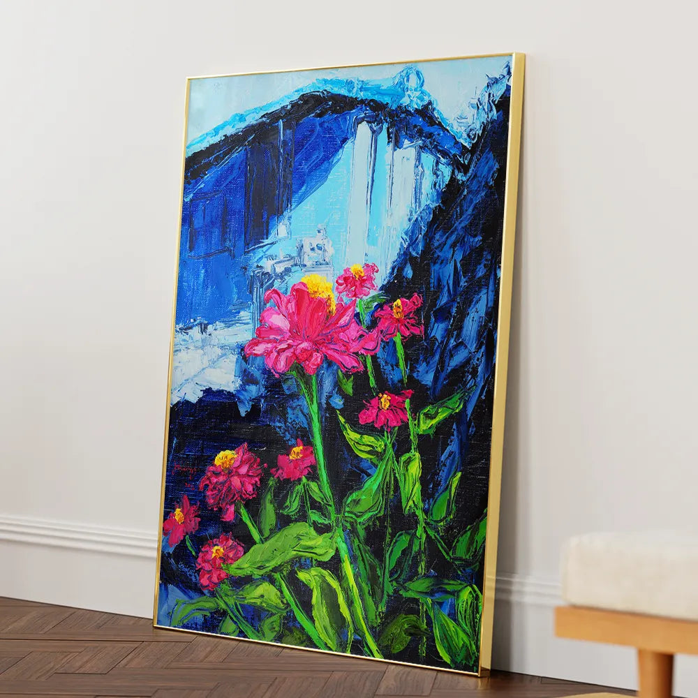 Pink Zinnias Blue Backdrop Botanical Art Poster - XS / Matte Paper / Rolled Art - Nook At You