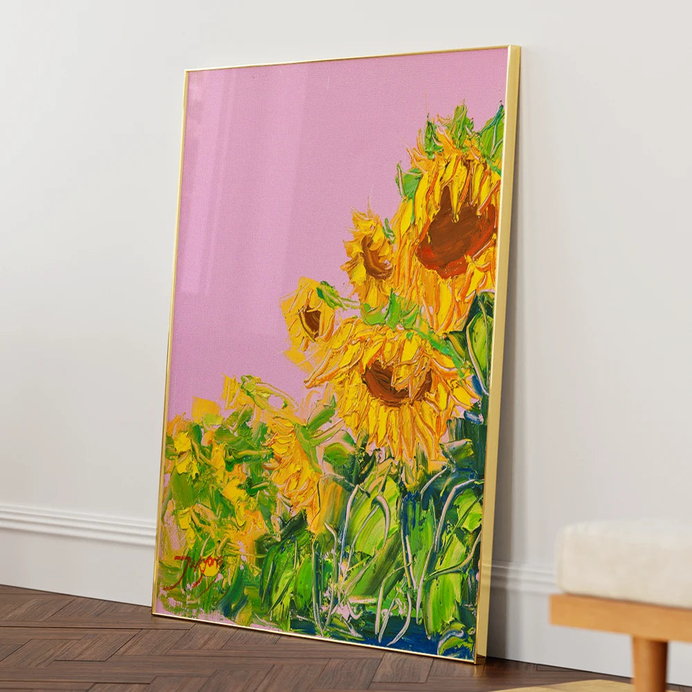 Vibrant Sunflowers Pink Sky Botanical Painting - XS / Matte Paper / Rolled Art - Nook At You