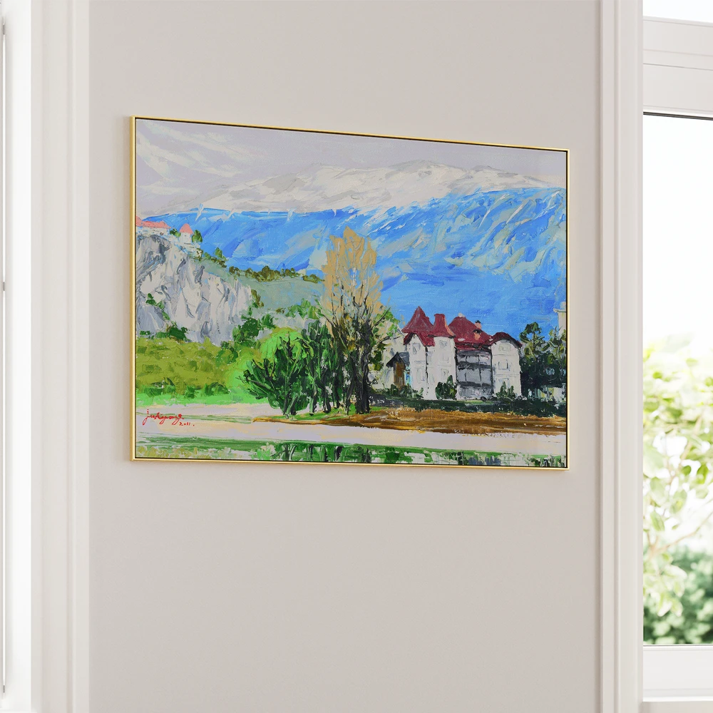 Alpine Lake Castle View Landscape Painting For Living Room - XS / Matte Paper / Rolled Art - Nook At You