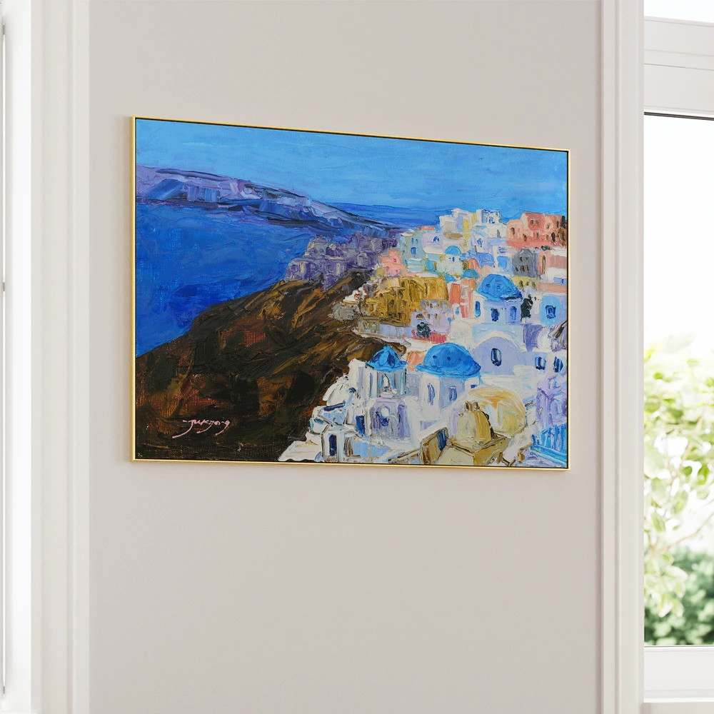 Santorini Blue Domes Landscape Painting For Living Room - XS / Matte Paper / Rolled Art - Nook At You