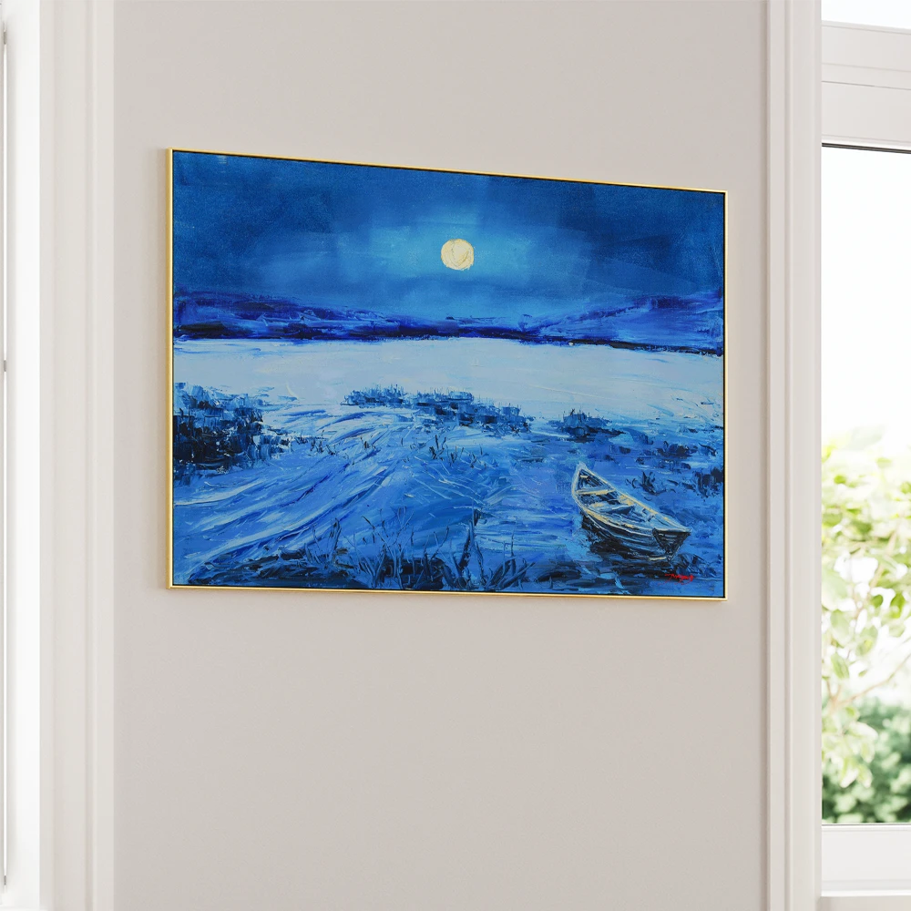 Blue Moonlit Lake Boat Landscape Painting - XS / Matte Paper / Rolled Art - Nook At You