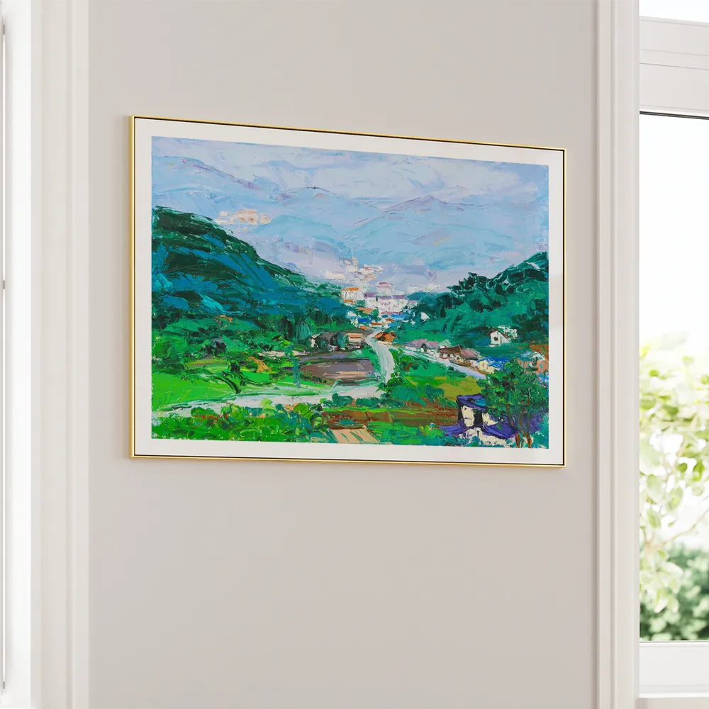 Vibrant Mountain Village Landscape Painting - XS / Matte Paper / Rolled Art - Nook At You