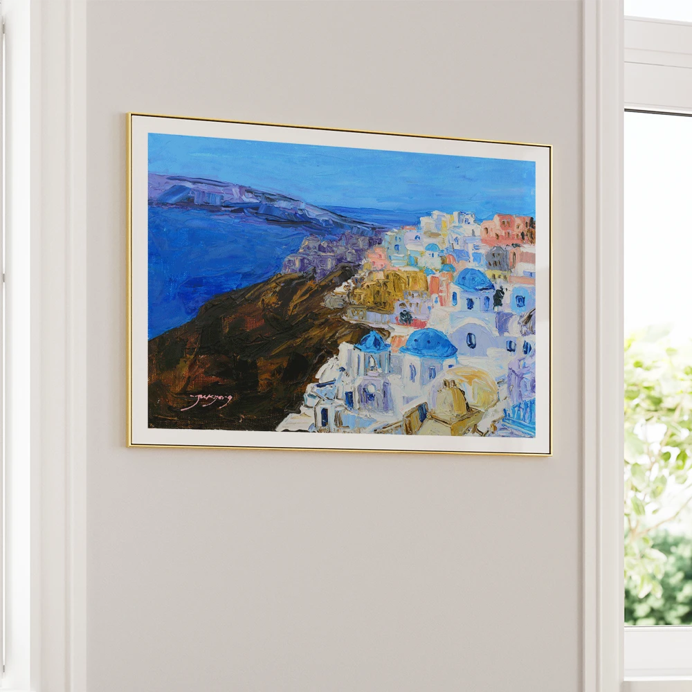 Santorini Blue Domes Landscape Painting For Living Room - XS / Matte Paper / Rolled Art - Nook At You