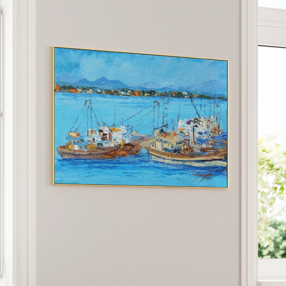 Blue Harbor Fishing Boats Coastal Landscape Wall Art - XS / Matte Paper / Rolled Art - Nook At You