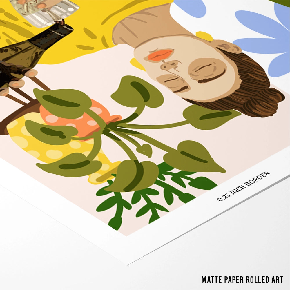 Woman In A Yellow Shirt Pouring Wine Boho Botanical Wall Art - XS / Matte Paper / Rolled Art - Nook At You