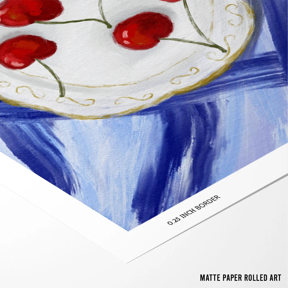 Red Cherries Blue Table Gourmet Wall Art Poster - XS / Matte Paper / Rolled Art - Nook At You