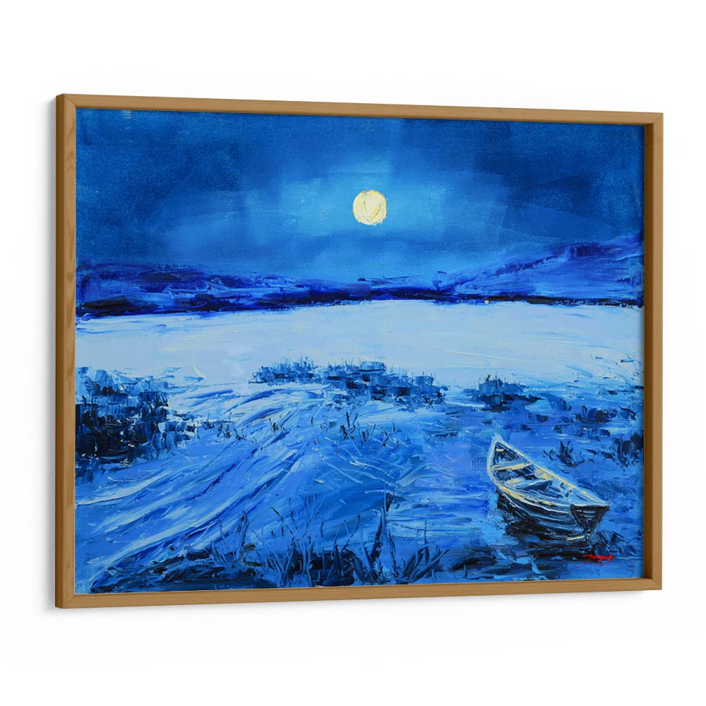 Blue Moonlit Lake Boat Landscape Painting - XS / Matte Paper / Rolled Art - Nook At You
