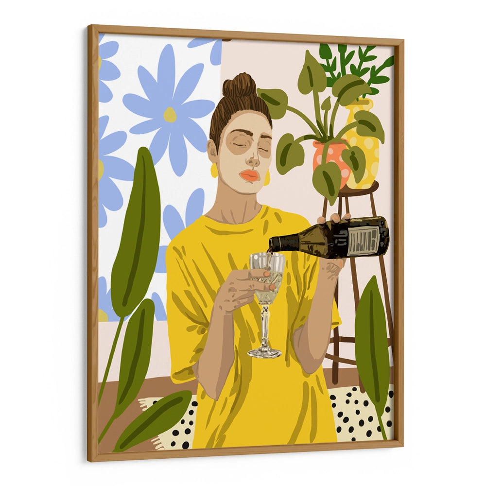 Woman In A Yellow Shirt Pouring Wine Boho Botanical Wall Art - XS / Matte Paper / Rolled Art - Nook At You