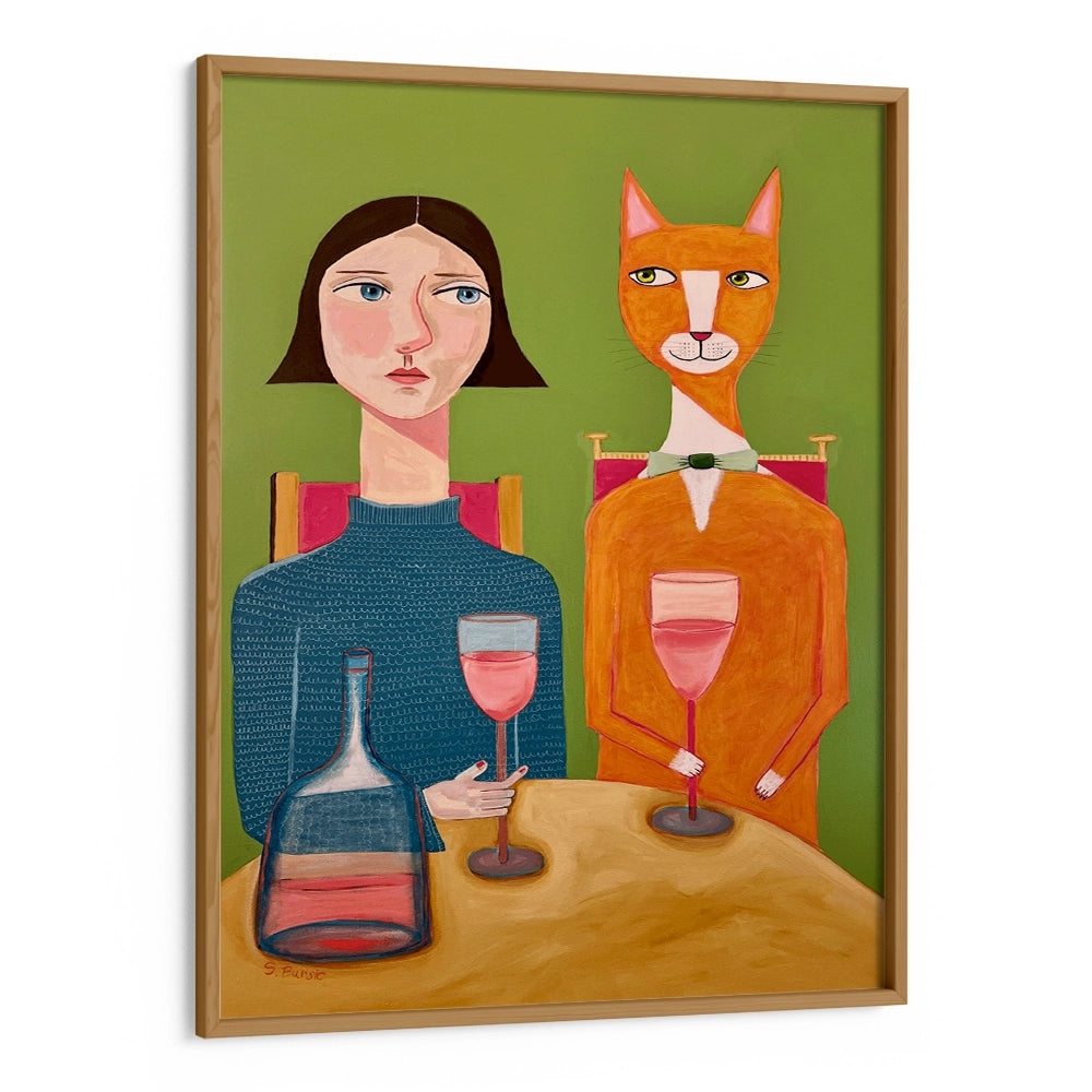 Lady and Cat Drinking Wine Women Illustration Painting - XS / Matte Paper / Rolled Art - Nook At You