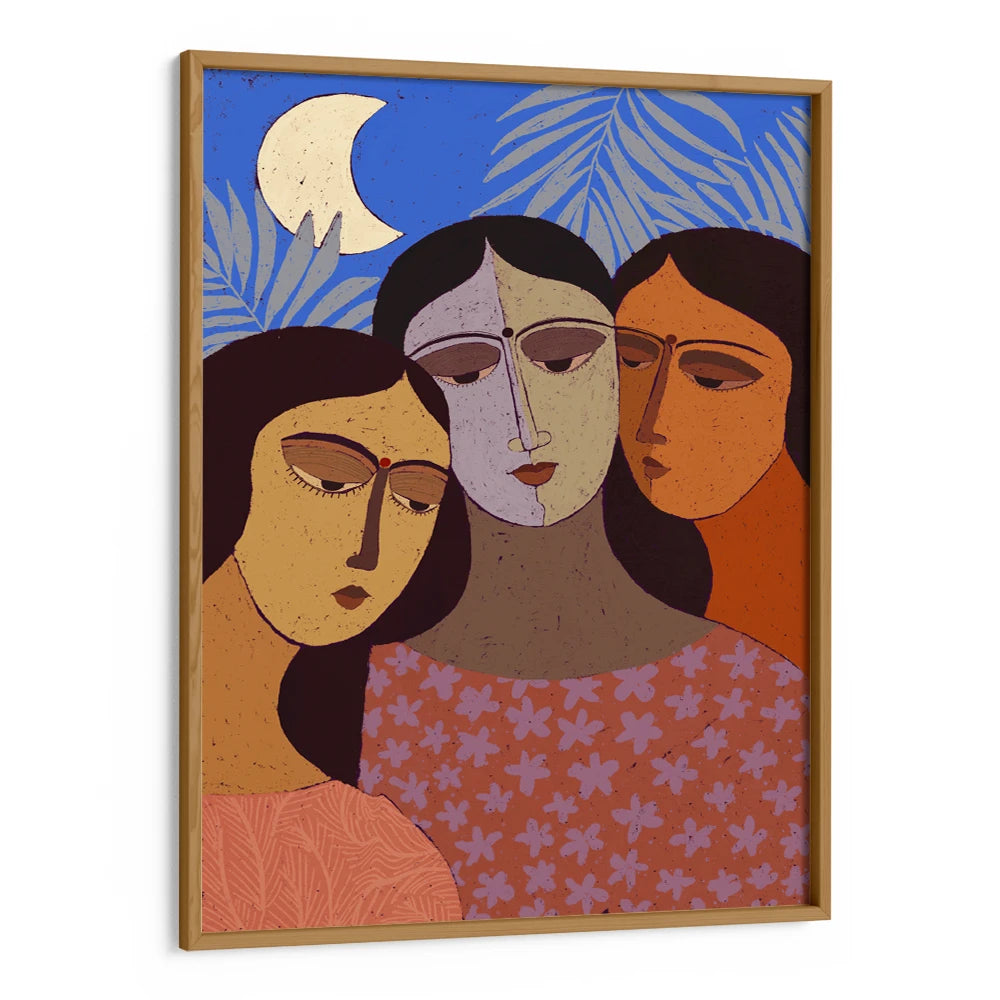 Three Women Under Moon Women Illustration Wall Art Painting - XS / Matte Paper / Rolled Art - Nook At You