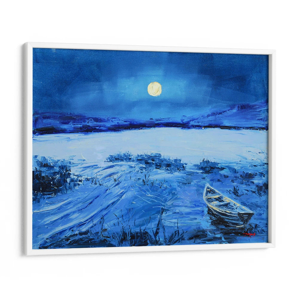 Blue Moonlit Lake Boat Landscape Painting - XS / Matte Paper / Rolled Art - Nook At You