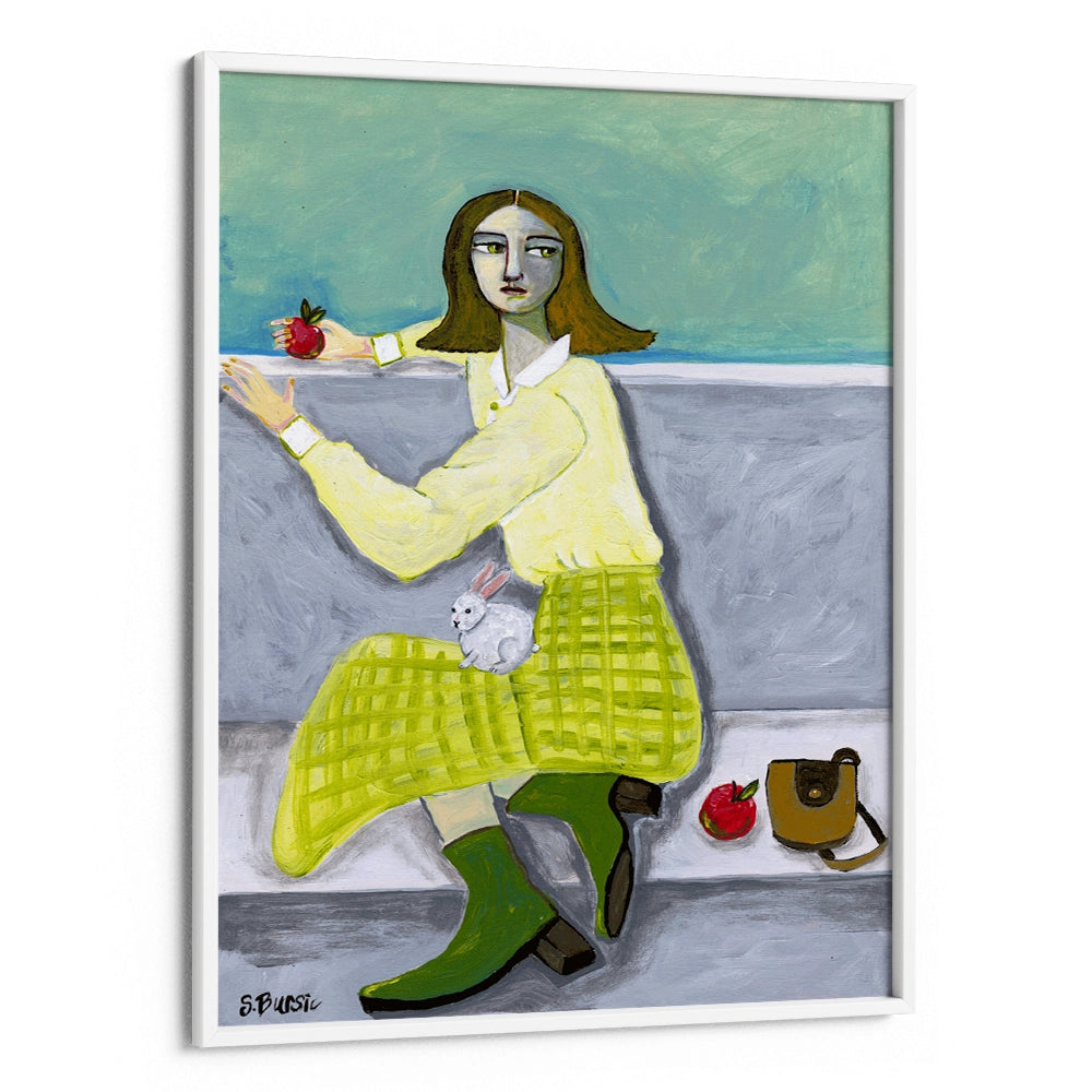 Lady and the Rabbit with apple Women Illustration Painting - XS / Matte Paper / Rolled Art - Nook At You