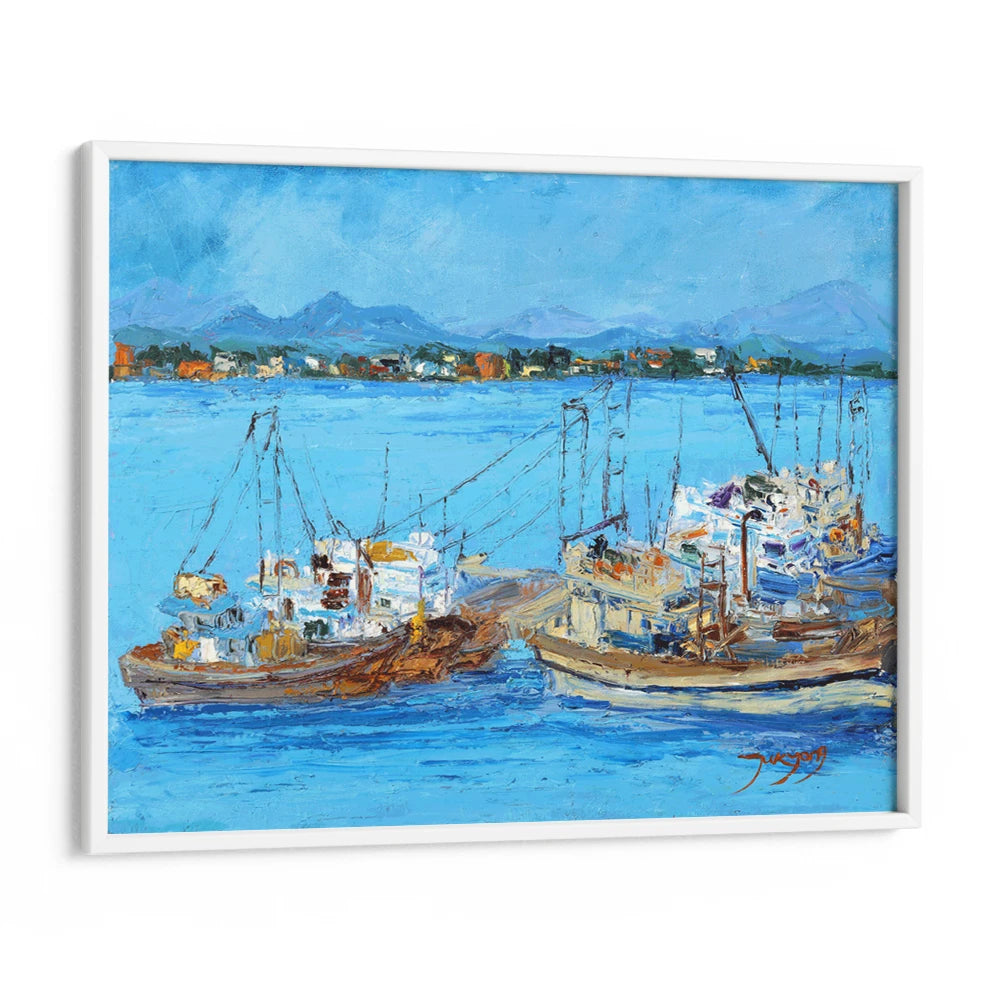 Blue Harbor Fishing Boats Coastal Landscape Wall Art - XS / Matte Paper / Rolled Art - Nook At You