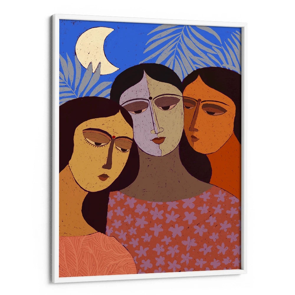 Three Women Under Moon Women Illustration Wall Art Painting - XS / Matte Paper / Rolled Art - Nook At You