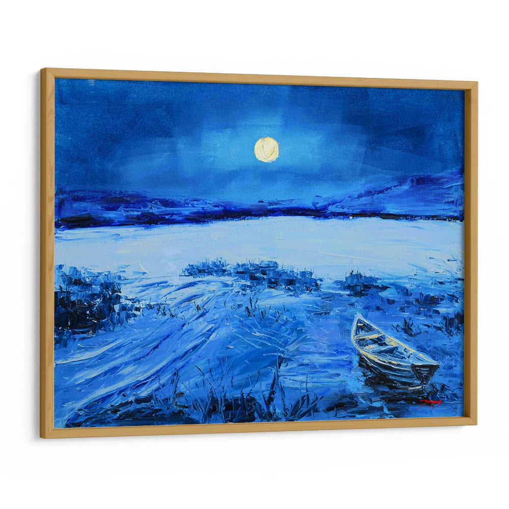 Blue Moonlit Lake Boat Landscape Painting - XS / Matte Paper / Rolled Art - Nook At You