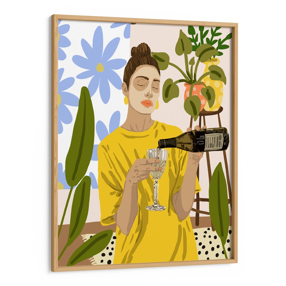 Woman In A Yellow Shirt Pouring Wine Boho Botanical Wall Art - XS / Matte Paper / Rolled Art - Nook At You