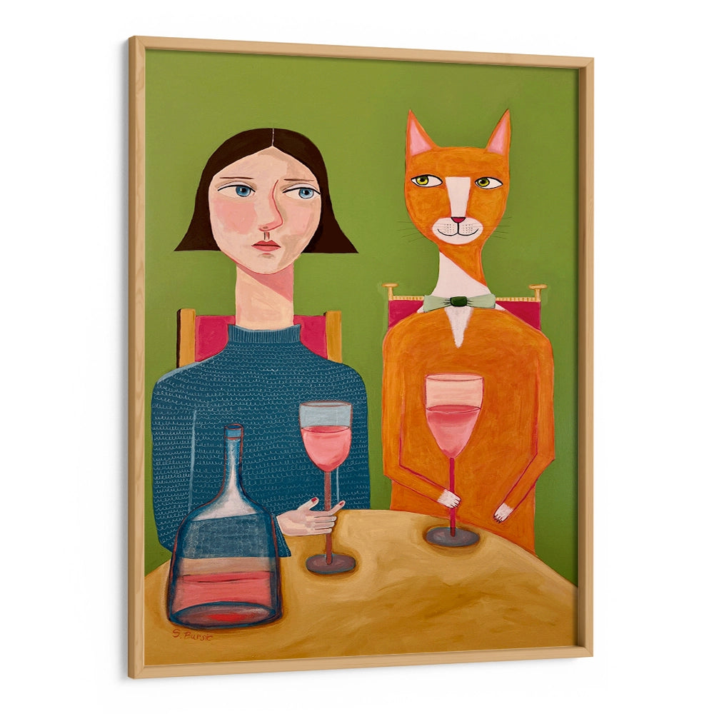 Lady and Cat Drinking Wine Women Illustration Painting - XS / Matte Paper / Rolled Art - Nook At You