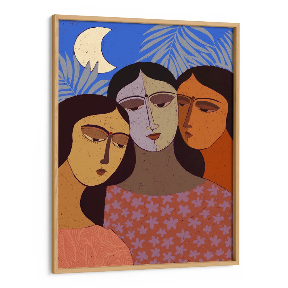 Three Women Under Moon Women Illustration Wall Art Painting - XS / Matte Paper / Rolled Art - Nook At You