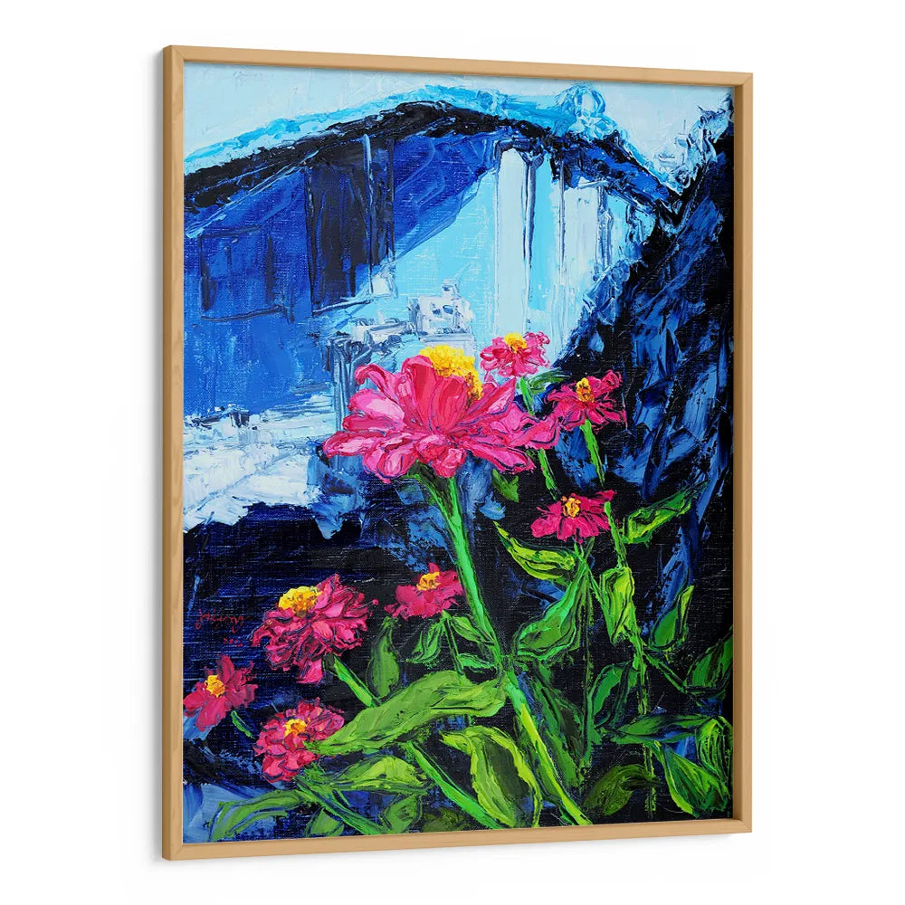 Pink Zinnias Blue Backdrop Botanical Art Poster - XS / Matte Paper / Rolled Art - Nook At You