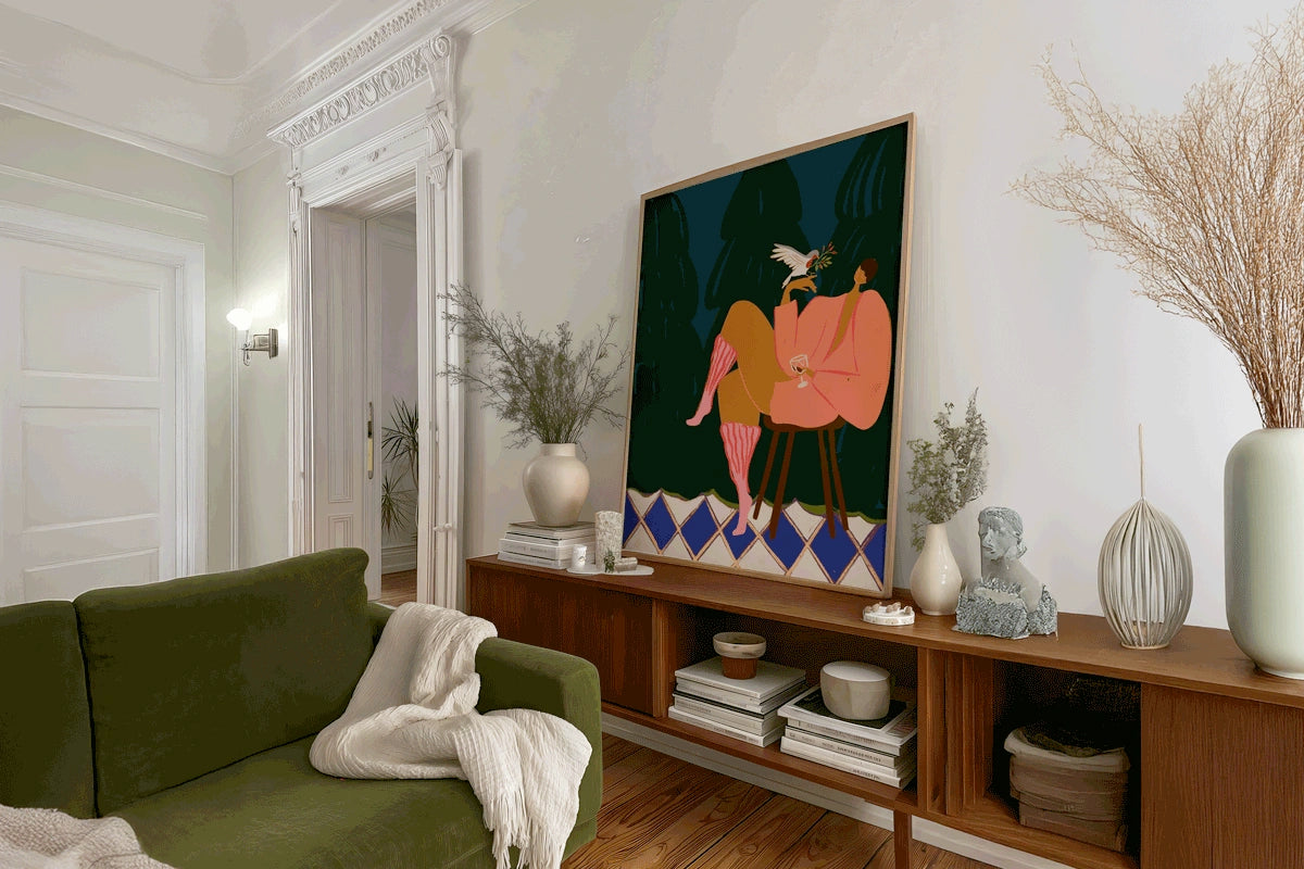 Living room with a green sofa, wooden shelf, and colorful abstract painting.