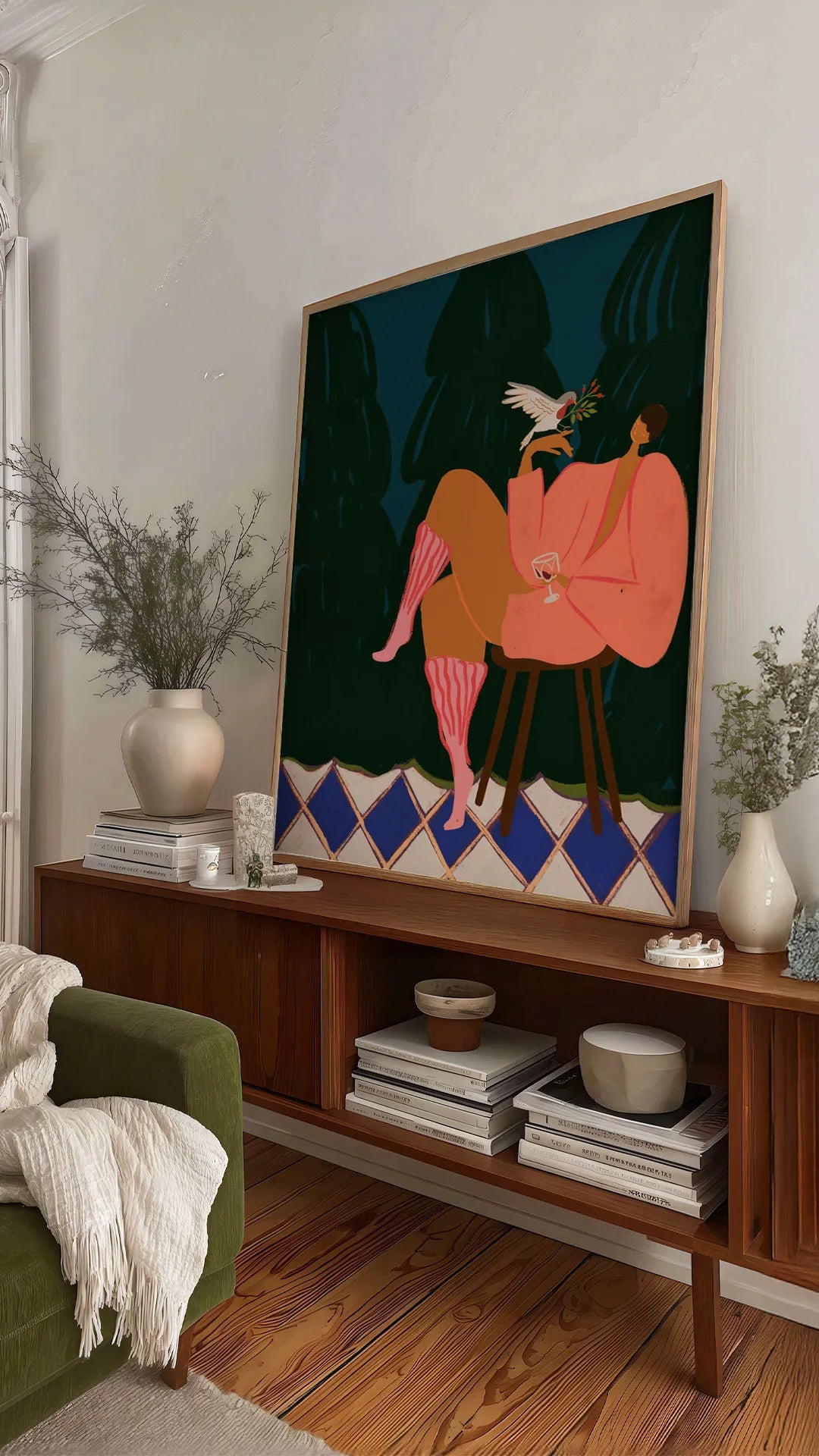 Living room with a large abstract painting on a wooden console table.