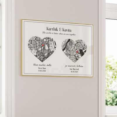 Dual Heart City Map - White Nook At You Matte Paper Gold Metal Frame