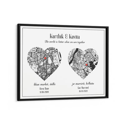 Dual Heart City Map - White Nook At You Matte Paper Black Frame