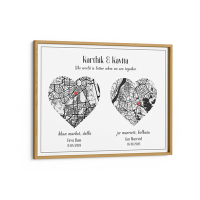 Dual Heart City Map - White Nook At You Matte Paper Wooden Frame