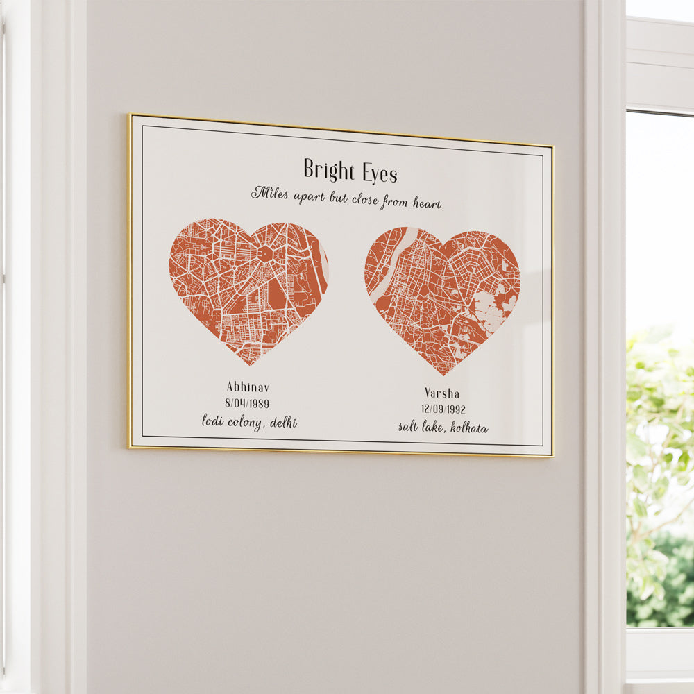 Dual Heart City Map - Burnt Orange Nook At You Matte Paper Gold Metal Frame