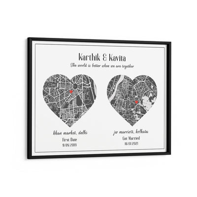 Dual Heart City Map - Slate Grey Nook At You Matte Paper Black Frame