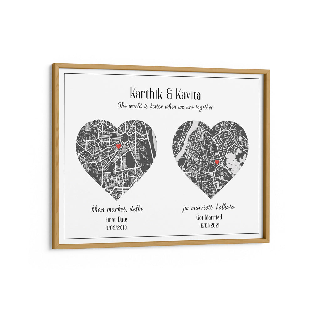 Dual Heart City Map - Slate Grey Nook At You Matte Paper Wooden Frame