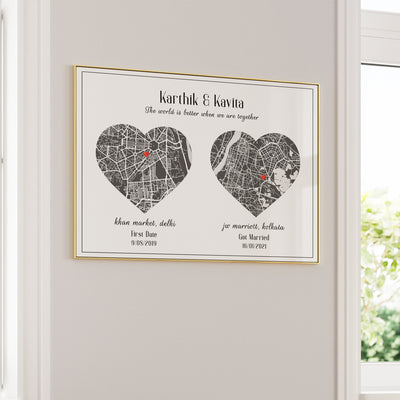 Dual Heart City Map - Slate Grey Nook At You Matte Paper Gold Metal Frame